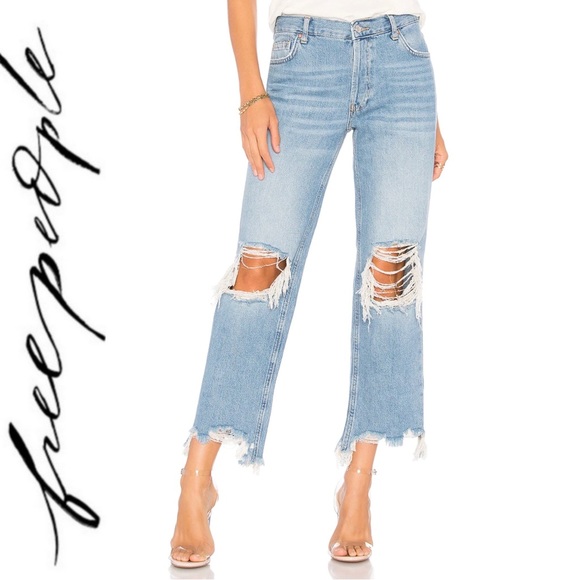 Free People Denim - Free People We The Free Maggie Straight Jean Light Stone Distressed Chewed Hem